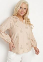 Beżowa Bluzka z Dekoltem w Serek i Haftowanymi Zdobieniami z Metaliczną Nicią Sovbia. Brązowe bluzki damskie Born2be, plus size, z aplikacjami, z jeansu, bez kołnierzyka, plus size, bez ramiączek. Za 84.99 zł.