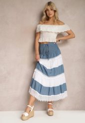 Niebiesko-Biała Spódnica z Bawełny w Stylu Boho z Gumką i Sznurkiem w Talii Uvinia. Niebieskie spódnice damskie Renee, na lato, l, bez wzorów, z bawełny, boho, maxi. Za 49.99 zł.