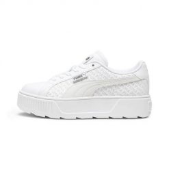 Buty do chodzenia damskie Puma Karmen Logobsession. Białe obuwie sportowe damskie Puma, z materiału, bez zapięcia, trekkingowe. Za 479.99 zł.