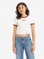 Levi's Koszulka w kolorze biało-czerwonym rozmiar: S. Białe bluzki damskie Levi's, s, bez wzorów, z bawełny, bez kołnierzyka, bez ramiączek. Za 57.60 zł.