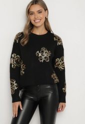 Czarny Sweter z Kwiatowymi Naszywkami i Cekinami Ciadora. Czarne swetry klasyczne damskie Born2be, z jeansu, bez kołnierzyka. Za 159.99 zł.