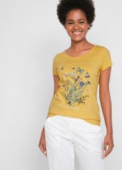 T-shirt bawełniany z nadrukiem. Żółte t-shirty damskie bonprix, bez wzorów, z bawełny, bez kołnierzyka. Za 39.99 zł.