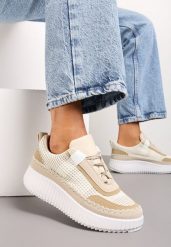 Beżowe Sneakersy na Platformie z Tweedowymi Wstawkami i Przeszyciami Leganna. Brązowe obuwie sportowe damskie Born2be, bez zapięcia. Za 89.99 zł.