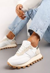 Biało-Beżowe Sneakersy z Przeszyciami na Grubej Podeszwie ze Żłobieniem Vetilassa. Białe obuwie sportowe damskie Renee, bez zapięcia. Za 89.99 zł.