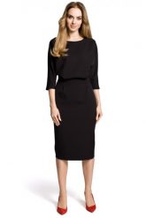 Sukienka elegancka midi kimonowa góra i dopasowany dół czarna. Czarne sukienki damskie MOE, bez wzorów, biznesowe, bez ramiączek. Za 289.00 zł.