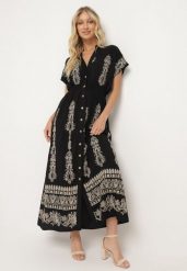 Czarna Haftowana Taliowana Sukienka z Bawełną Zdobiona Srebrną Nicią i Gumkami Ellofia. Czarne sukienki damskie Born2be, z aplikacjami, z bawełny, eleganckie, bez ramiączek. Za 199.99 zł.