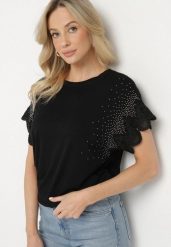 Czarna Bawełniana Bluzka Nietoperz z Koronkowymi Rękawami z Cyrkoniami Adivain. Czarne bluzki damskie Born2be, m, bez wzorów, z bawełny, eleganckie, bez kołnierzyka, bez ramiączek. Za 39.99 zł.