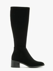 Czarne kozaki damskie z szeroką cholewką TRISS. Czarne kozaki damskie Ryłko, z nubiku, z okrągłym noskiem, bez obcasa, na obcasie, bez zapięcia. Za 379.99 zł.