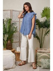 Lin Passion Lniana koszulka w kolorze niebieskim rozmiar: 40/42. Niebieskie bluzki damskie Lin Passion, bez wzorów, ze lnu, klasyczne, bez kołnierzyka, bez ramiączek. Za 121.99 zł.