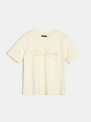 Bawełniana koszulka z ażurowym napisem - żółty. Żółte koszulki damskie Sinsay, l, w ażurowe wzory, z bawełny, bez kołnierzyka, bez ramiączek. Za 25.99 zł.