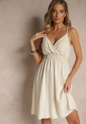 Beżowa Kopertowa Sukienka z Wiskozy Lilisena. Brązowe sukienki damskie Renee, bez wzorów, z wiskozy, eleganckie, bez ramiączek. W wyprzedaży za 67.99 zł.