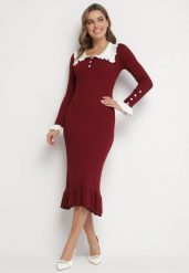 Bordowa Dzianinowa Sukienka Retro z Wiskozą z Kołnierzykiem i Falbanami Hanlira. Czerwone sukienki damskie Born2be, bez wzorów, z dzianiny, eleganckie, bez ramiączek. W wyprzedaży za 144.49 zł.