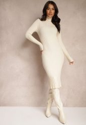 Jasnobeżowa Dopasowana Prążkowana Sukienka Sweterkowa z Golfem Wełną Bawełną i Kaszmirem Vaiovia. Brązowe sukienki damskie Renee, bez wzorów, z bawełny, eleganckie, bez ramiączek. W wyprzedaży za 63.99 zł.