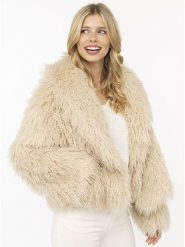Zwillingsherz Kurtka "Fluffy" w kolorze beżowym ze sztucznego futerka rozmiar: S/M. Brązowe kurtki damskie Zwillingsherz, m, bez wzorów, bez kaptura. Za 219.95 zł.