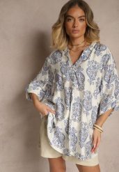 Biało-Niebieska Koszula z Wiskozą Ozdobiona Geometrycznym Motywem Tanarola. Niebieskie koszule damskie Renee, l, bez wzorów, z jeansu, eleganckie, bez kołnierzyka, bez ramiączek. Za 74.99 zł.