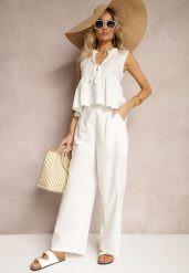 Białe Spodnie z Bawełny i Lnem High Waist Kolalia. Białe spodnie materiałowe damskie Renee, bez wzorów, z bawełny. Za 64.99 zł.