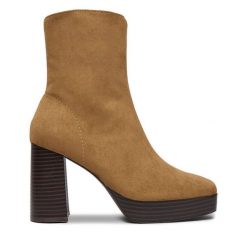 Botki DeeZee. Brązowe botki damskie DeeZee, bez obcasa, na słupku, bez zapięcia. Za 199.99 zł.