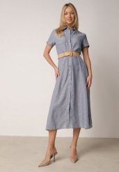 Niebieska Sukienka Koszulowa z Krótkim Rękawem i Paskiem z Klamrą Orethea. Niebieskie sukienki damskie Born2be, bez wzorów, eleganckie, bez ramiączek. Za 129.99 zł.