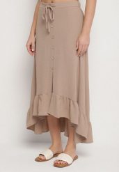 Ciemnobeżowa Asymetryczna Spódnica z Falbanami i Ozdobnymi Guzikami Marolana. Brązowe spódnice damskie Born2be, na co dzień, l, bez wzorów, eleganckie, midi. Za 59.99 zł.
