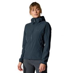 Kurtka softshellowa damska Rab Borealis Hoody z kapturem. Czarne kurtki damskie RAB, bez wzorów, z softshellu, z kapturem. Za 539.99 zł.