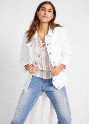 Kurtka jeansowa. Białe kurtki damskie bonprix, bez wzorów, z jeansu, bez kaptura. Za 169.99 zł.