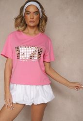 Różowy T-shirt z Bawełny z Naszytymi Cekinami Avenelli. Czerwone t-shirty damskie Renee, xl, bez wzorów, z bawełny, bez kołnierzyka. Za 39.99 zł.