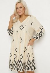 Jasnobeżowa Bawełniana Sukienka Pudełkowa w Geometryczny Wzór Claradina. Brązowe sukienki damskie Born2be, bez wzorów, z bawełny, eleganckie, bez ramiączek. Za 129.99 zł.