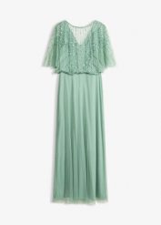 Sukienka maxi z delikatnego tiulu z aplikacją z cekinami. Czarne sukienki damskie bonprix, z aplikacjami, z tiulu, klasyczne, bez ramiączek. Za 349.99 zł.