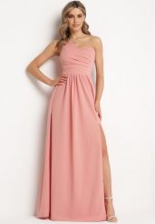Różowa Elegancka Rozkloszowana Sukienka na Jedno Ramię Wistlia. Czerwone sukienki damskie Born2be, bez wzorów, eleganckie, bez ramiączek. Za 169.99 zł.