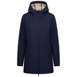 Kurtka Softshell Damska Sine z Bondowanym Futrem. Niebieskie kurtki damskie Trespass, l, bez wzorów, z futra, z kapturem. Za 426.46 zł.