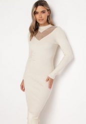 Jasnobeżowa Dzianinowa Sukienka Midi z Półgolfem i Siateczkowym Dekoltem z Cyrkoniami Faelinn. Brązowe sukienki damskie Born2be, bez wzorów, z dzianiny, eleganckie, bez ramiączek. W wyprzedaży za 84.99 zł.