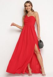 Czerwona Elegancka Rozkloszowana Sukienka na Jedno Ramię Wistlia. Czerwone sukienki damskie Born2be, bez wzorów, eleganckie, bez ramiączek. Za 169.99 zł.