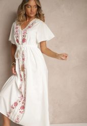 Biała Rozkloszowana Sukienka z Bawełny w Stylu Boho z Ozdobnym Haftem Sersena. Białe sukienki damskie Renee, bez wzorów, z bawełny, boho, bez ramiączek. W wyprzedaży za 107.99 zł.