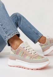 Różowe Sneakersy na Grubej Podeszwie Rakitia. Czerwone obuwie sportowe damskie Born2be, z jeansu, bez zapięcia. Za 89.99 zł.