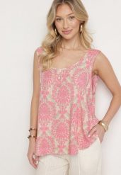 Różowo-Beżowa Bluzka z Bawełny ze Wzorem Boho Napolea. Czerwone bluzki damskie Born2be, l, bez wzorów, z bawełny, boho, bez kołnierzyka, bez ramiączek. Za 34.99 zł.