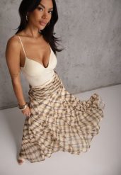 Żółta Spódnica Preppy o Rozkloszowanym Kroju z Marszczeniem w Talii Telemeia. Żółte spódnice damskie Renee, l, bez wzorów, z poliesteru, maxi. Za 169.99 zł.