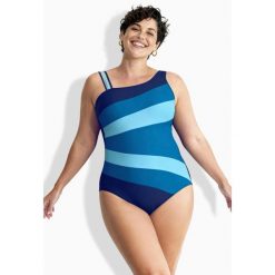 Damskie Strój kąpielowy szerokie kolorowe pasy miękkie miseczki okrągły dekolt. Niebieskie stroje jednoczęściowe Ulla Popken, bez wzorów, z elastanu. Za 239.99 zł.