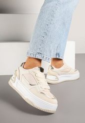 Beżowe Sneakersy na Platformie Ozdobionej Tłoczeniem Deovithra. Brązowe obuwie sportowe damskie Renee, z jeansu, bez zapięcia. Za 79.99 zł.