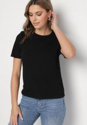 Czarny Wiskozowy T-shirt w Klasycznym Stylu Arivoria. Czarne t-shirty damskie Born2be, m, z aplikacjami, z jeansu, bez kołnierzyka. Za 44.99 zł.