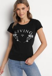Czarny Bawełniany T-shirt z Napisem Living i Nadrukiem Commea. Czarne t-shirty damskie Born2be, l, bez wzorów, z bawełny, bez kołnierzyka. Za 34.99 zł.