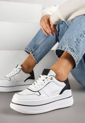 Biało-Czarne Sneakersy na Platformie Ozdobione Brokatem i Napisem Udivoria. Białe obuwie sportowe damskie Renee, z jeansu, bez zapięcia. Za 89.99 zł.