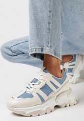 Beżowo-Niebieskie Sneakersy na Grubej Podeszwie z Brokatem i Wstawkami Tensora. Brązowe obuwie sportowe damskie Born2be, bez zapięcia. Za 99.99 zł.