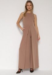 Ciemnobeżowy Elegancki Kombinezon z Ozdobnymi Zakładkami Zellysha. Brązowe sukienki damskie Born2be, z aplikacjami, eleganckie, bez ramiączek. Za 149.99 zł.