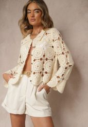 Beżowa Bawełniana Koszula w Stylu Boho z Ażurowej Tkaniny Baniria. Brązowe koszule damskie Renee, w ażurowe wzory, z bawełny, boho, bez kołnierzyka, bez ramiączek. Za 89.99 zł.