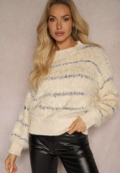 Beżowy Sweter z Wiskozą o Fakturze Imitacji Piór w Paski Nerisara. Brązowe swetry klasyczne damskie Renee, l, z wiskozy, bez kołnierzyka. Za 84.99 zł.