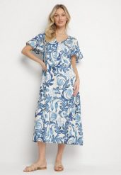 Niebieska Pudełkowa Sukienka z Wiskozy w Kwiaty z Dekoltem w Serek Inisara. Niebieskie sukienki damskie Born2be, bez wzorów, z jeansu, eleganckie, bez ramiączek. Za 99.99 zł.