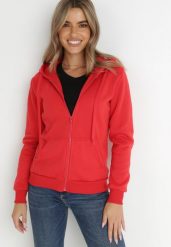 Czerwona Bluza z Kapturem Zapinana na Suwak Bran. Czerwone bluzy damskie Born2be, l, bez wzorów, z materiału, z kapturem. Za 44.99 zł.
