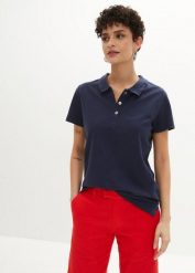 Koszulka polo z czystej bawełny organicznej. Niebieskie bluzki damskie bonprix, z aplikacjami, z bawełny, klasyczne, bez kołnierzyka, bez ramiączek. Za 59.99 zł.