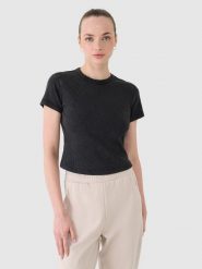 4F T-shirt slim z prążkowanej dzianiny damski - czarny XL. Czarne t-shirty damskie 4F, xl, bez wzorów, z bawełny, bez kołnierzyka. W wyprzedaży za 49.99 zł.