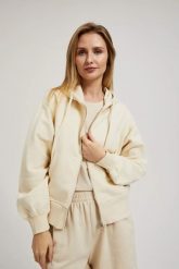 Rozpinana bluza z kapturem i bufiastymi rękawami beżowa. Brązowe bluzy damskie MOODO, m, bez wzorów, z kapturem. W wyprzedaży za 64.99 zł.